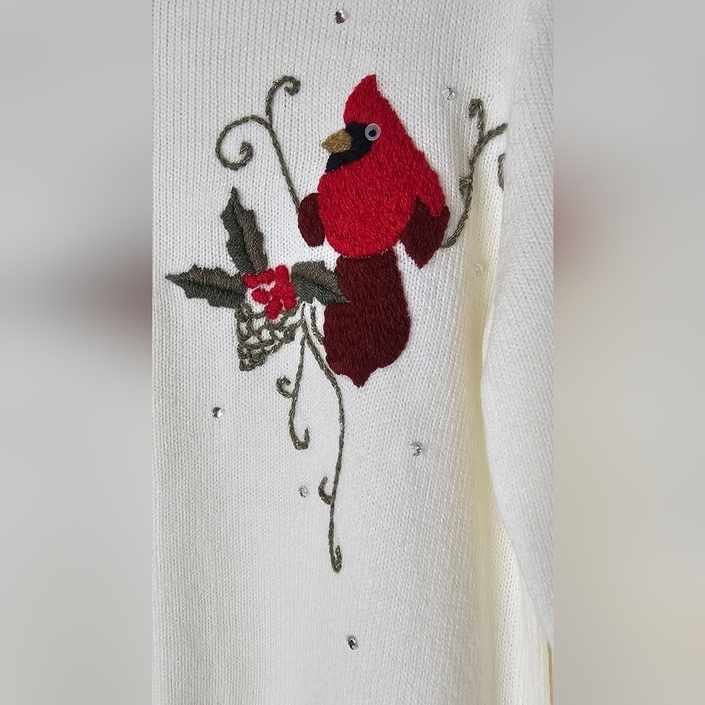 Allison Daley S Zip Cardigan Cream Sweater Red Embroidered Cardinals Rhinestones - Picture 2 of 6